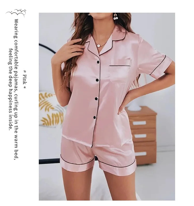 Summer Silk Satin Women Pyjamas Set Button Down Top & Shorts 2 Piece Sleepwear Notched Collar Nightwear Loungewear The Clothing Company Sydney