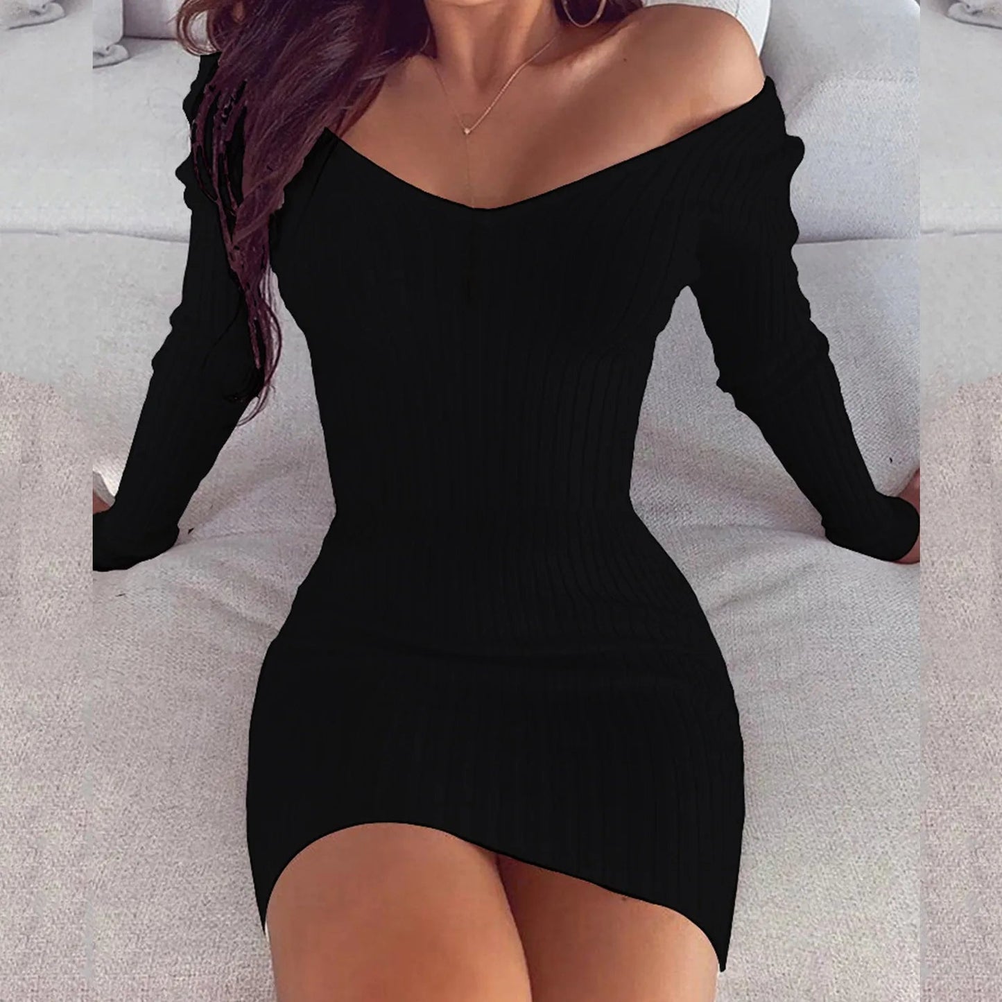 Slim Knitted Solid Color V Neck Long Sleeve Stretchy Short Bodycon Dress Autumn Winter Casual Short Dress The Clothing Company Sydney