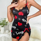 Heart Letter Floral Print Slip Nightdress Lace Trim Deep V Side Split Women's Sleepwear Dress The Clothing Company Sydney