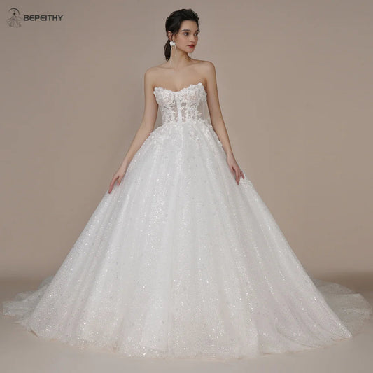 Princess Strapless Ivory Glitter Wedding Dresses Court Train Bride 3D Flower Romantic Shinny Bridal Gown The Clothing Company Sydney