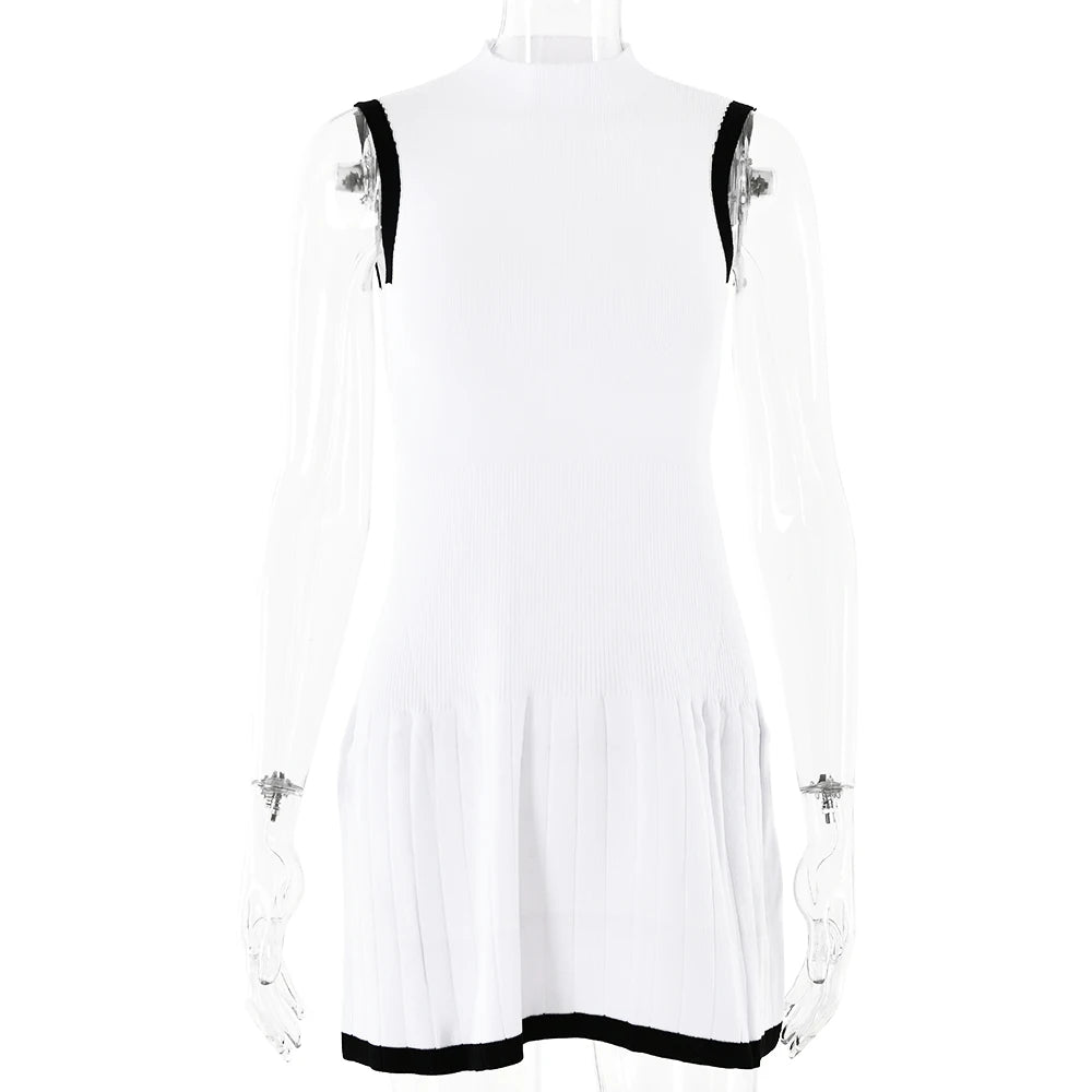 Knitted Round Neck Pleated Women's White Sleeveless High Waist Summer Casual Sporty Dress The Clothing Company Sydney