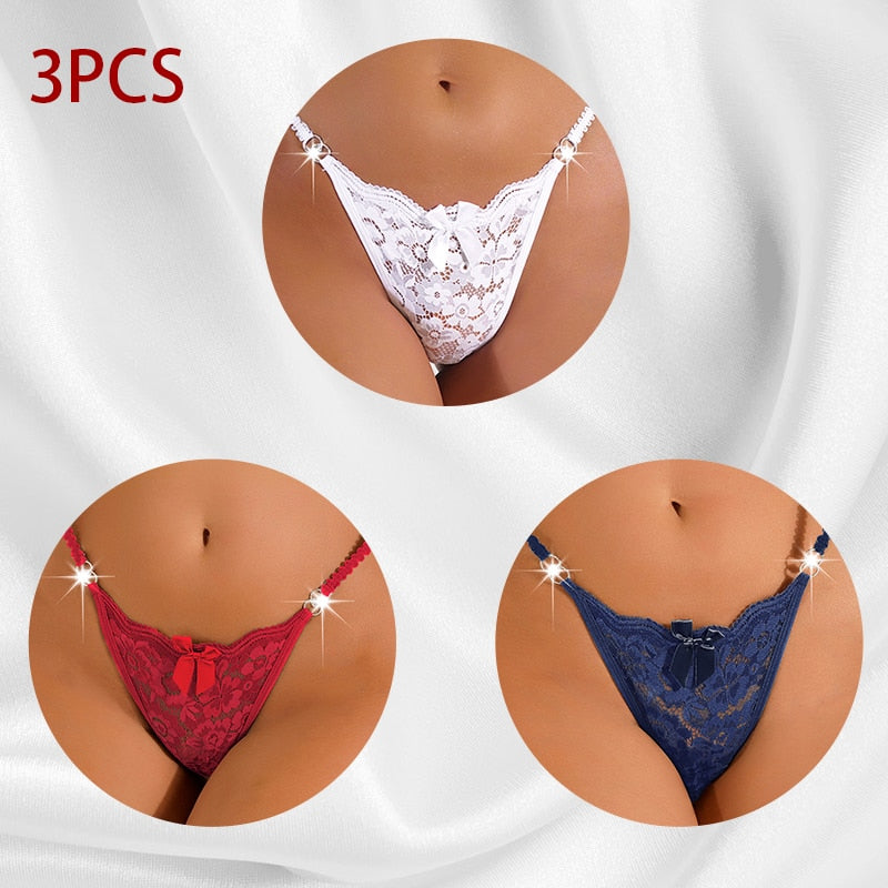 3 Piece Set Women's Lace Panties Perspective Underwear Low Waist Thin Strap Rhinestone Thong G-string Breathable Soft Lingerie The Clothing Company Sydney
