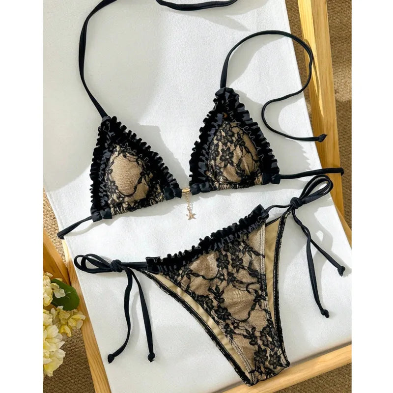 Two-piece lace Brazilian bikini swimsuit set with coordinating top and bottom for beachwear