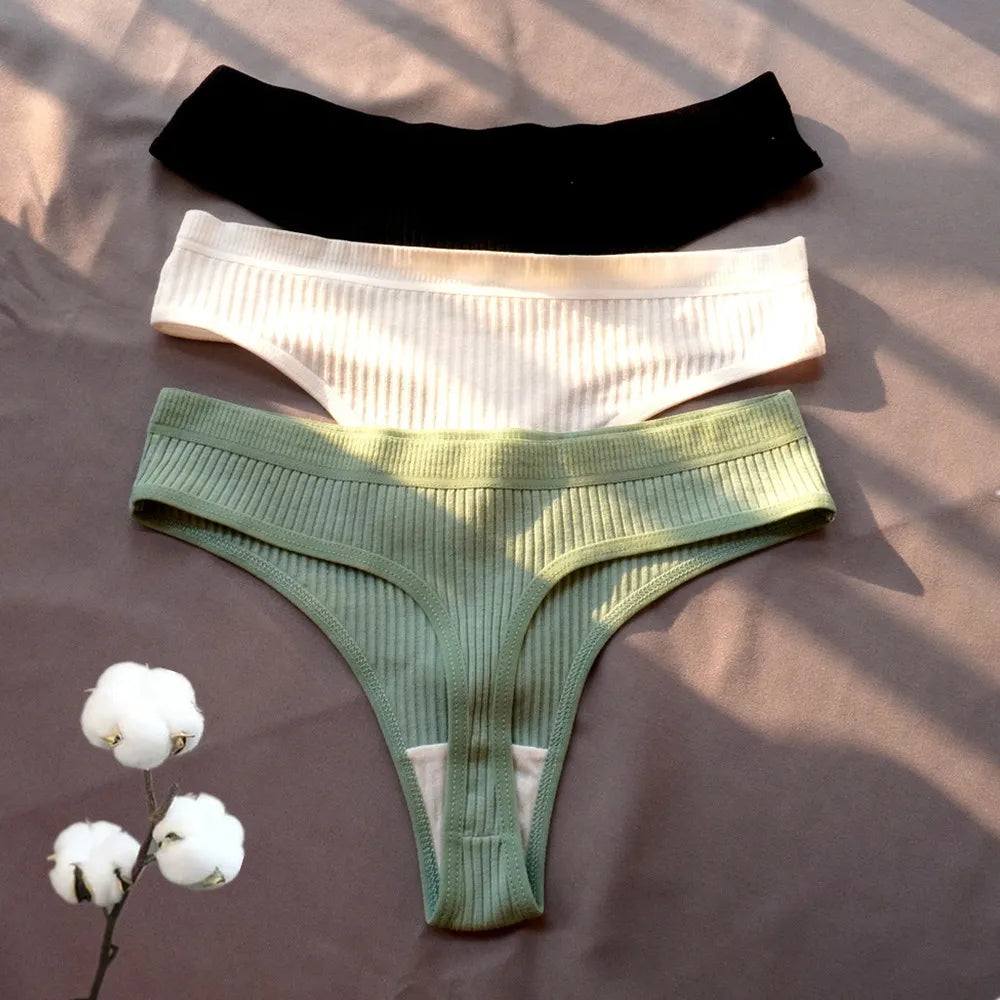 3 Pack Seamless Ribbed Cotton Thong Low Waist Bikini Briefs Sports Underwear Plus Size