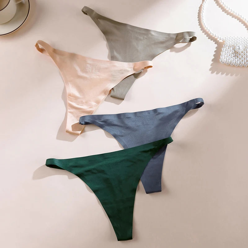 Ice silk thong women's panties, seamless G-string briefs with T-back design in soft stretch fabric