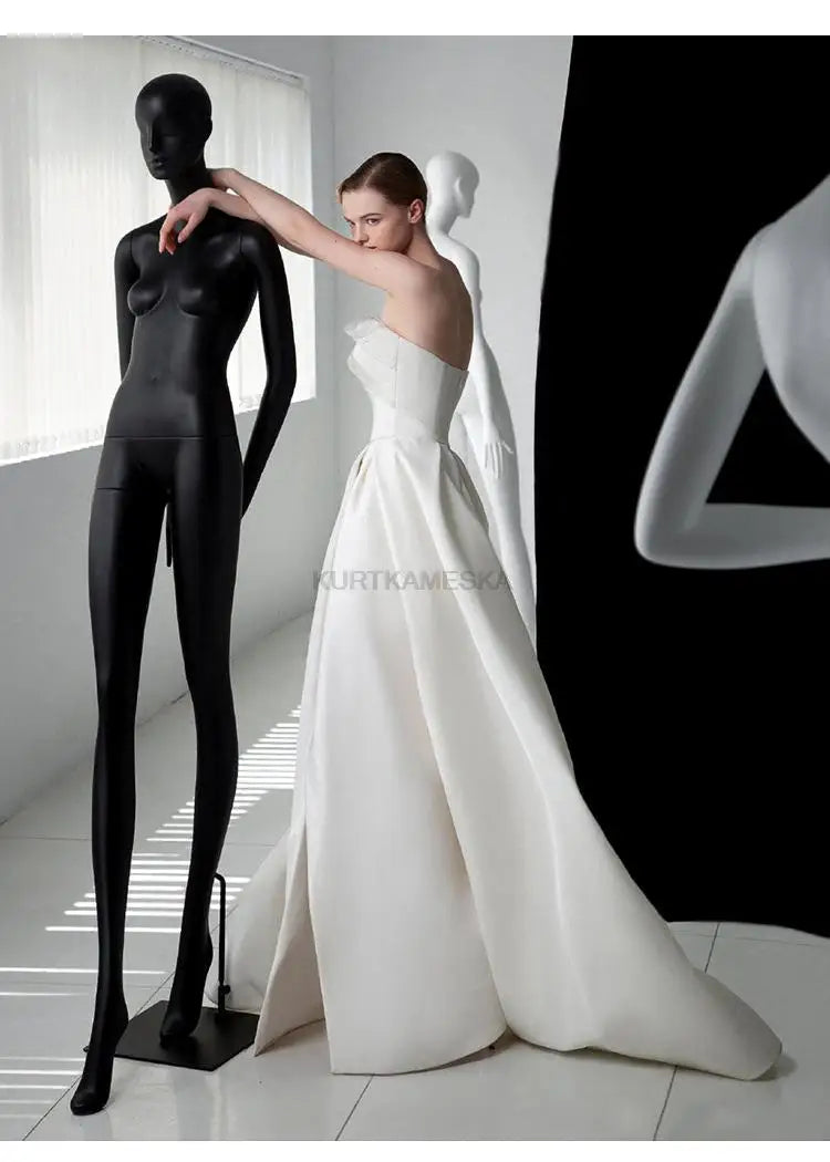 Luxury White Satin Trailing Wedding Dresses Women Elegant Strapless Long Prom Party Bridal Dress