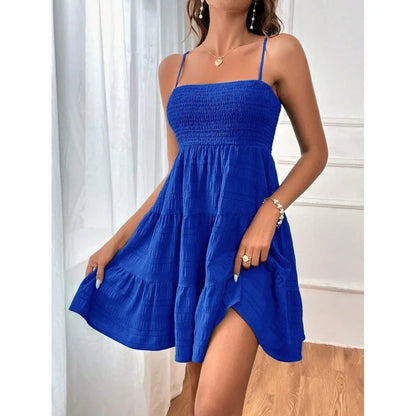 Spaghetti Strap Smocked Bustier Mini Dress Blue Ruffled Tiered Swing Dress Summer Casual Vacation Beach Wear The Clothing Company Sydney