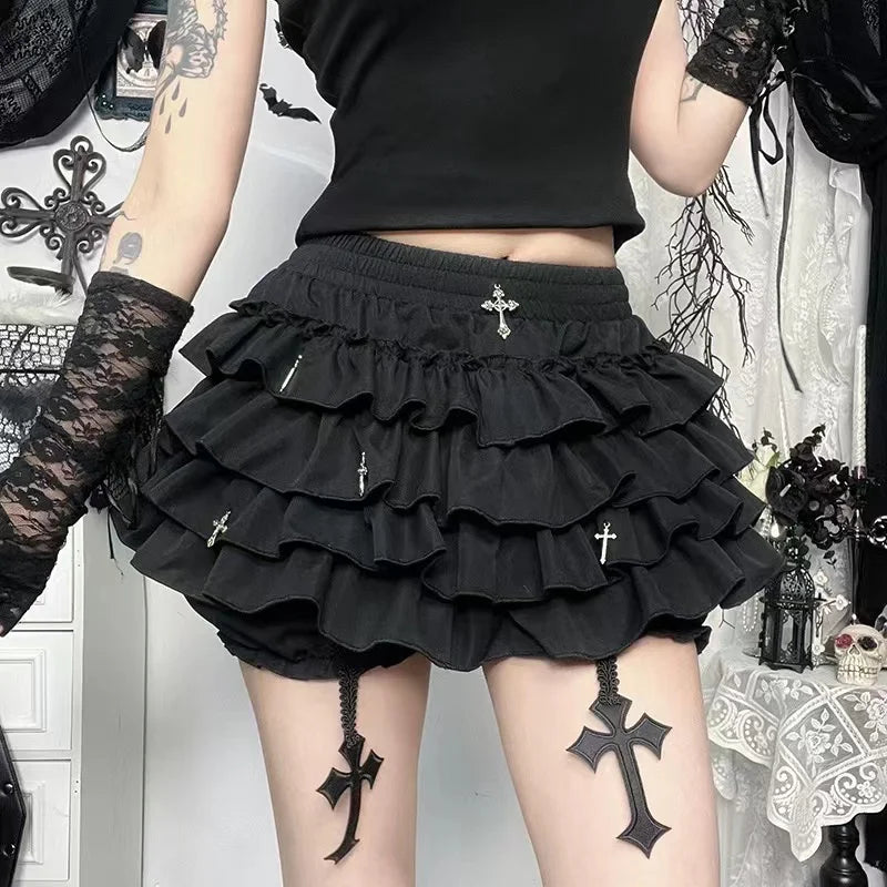 Women's Tiered Ruffles Mini Skirt with Cross Charms Built-in Shorts Skort Gothic Punk Skirt The Clothing Company Sydney