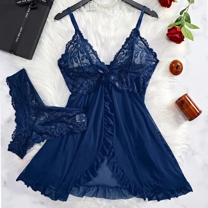 Women's plus-size lace lingerie nightgown and thong suspender set with bra-style details