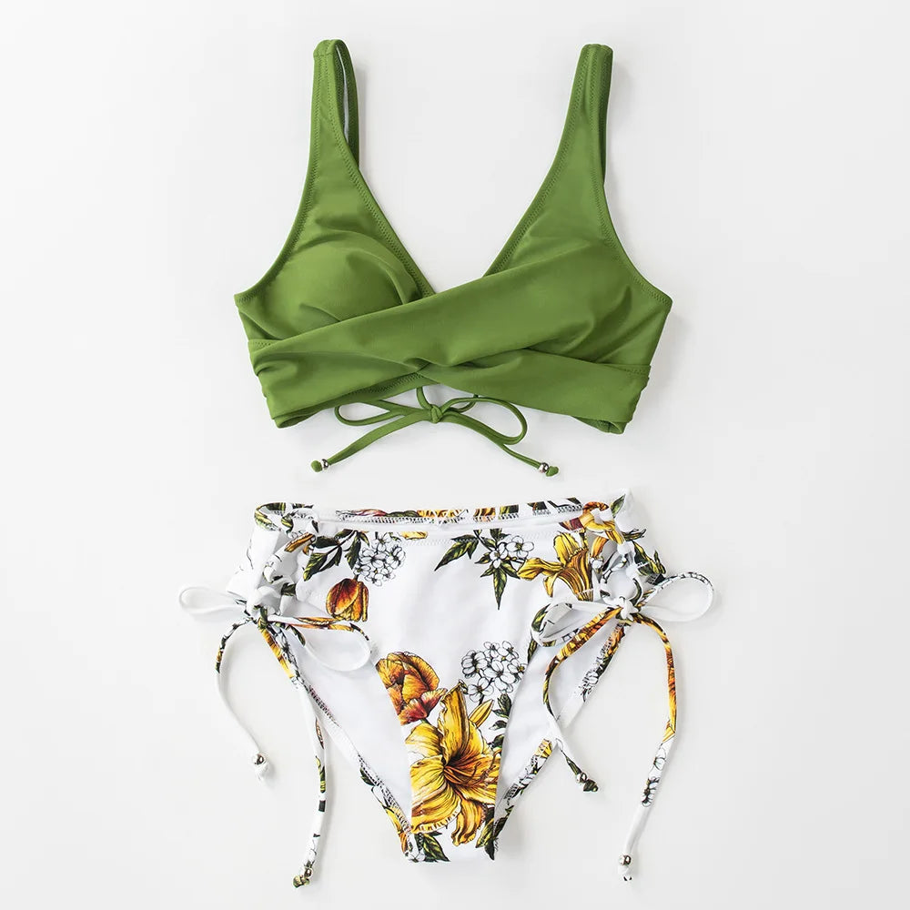 2 Piece Swimwear Cross Pleated Backless Lace Up Bikini Two Piece Bathing Suit Vintage Printing Bikini Set The Clothing Company Sydney