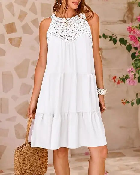 Hollow Lace Patchwork Halter Neck Women A Line Dress Summer Casual Solid Color Loose Beach Holiday Sundress The Clothing Company Sydney