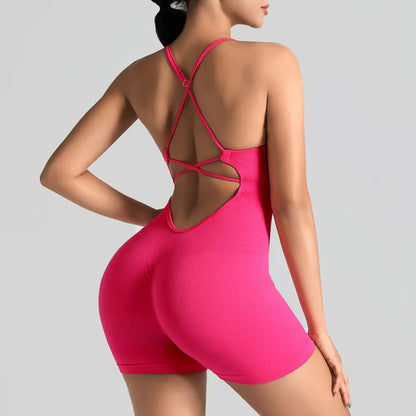 Women's Slim-Fit Yoga Shorts Seamless Back Workout Bodysuit Breathable Quick-Dry Gym Running Pilates Fitness Jumpsuit