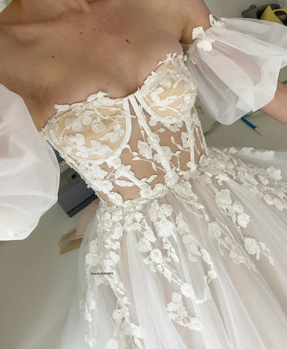 Short Puff Sleeves 3D lace Wedding Dresses Champagne Liner Tulle Appliques Formal Bridal Gowns The Clothing Company Sydney