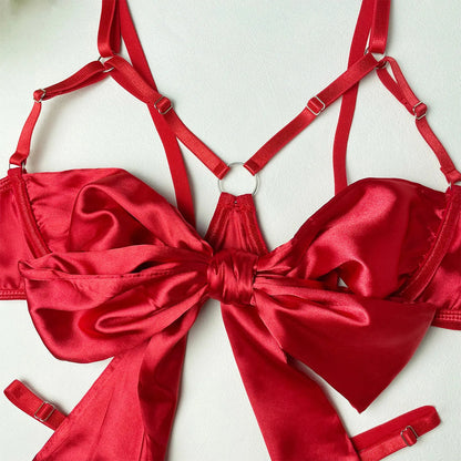 Bowknot Lingerie Open Bra Lace Up Underwear 3-Piece Satin Outfit Set The Clothing Company Sydney
