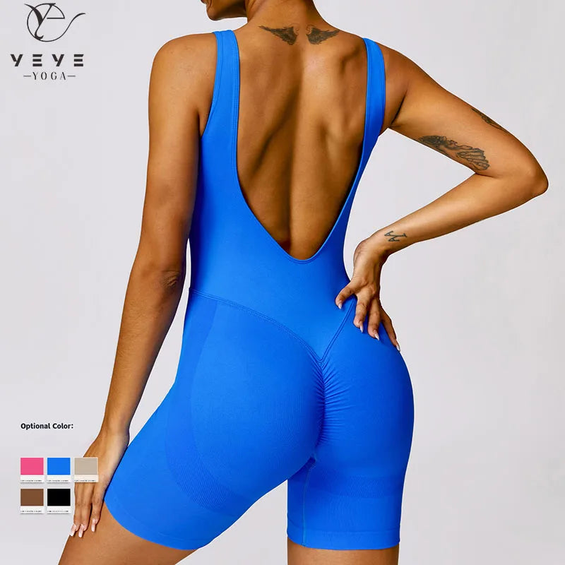 Women's Romper Yoga Hollow Backless Scrunch Seamless One Piece Outfit Fitness Overalls Playsuit Gym Sport Short Jumpsuit