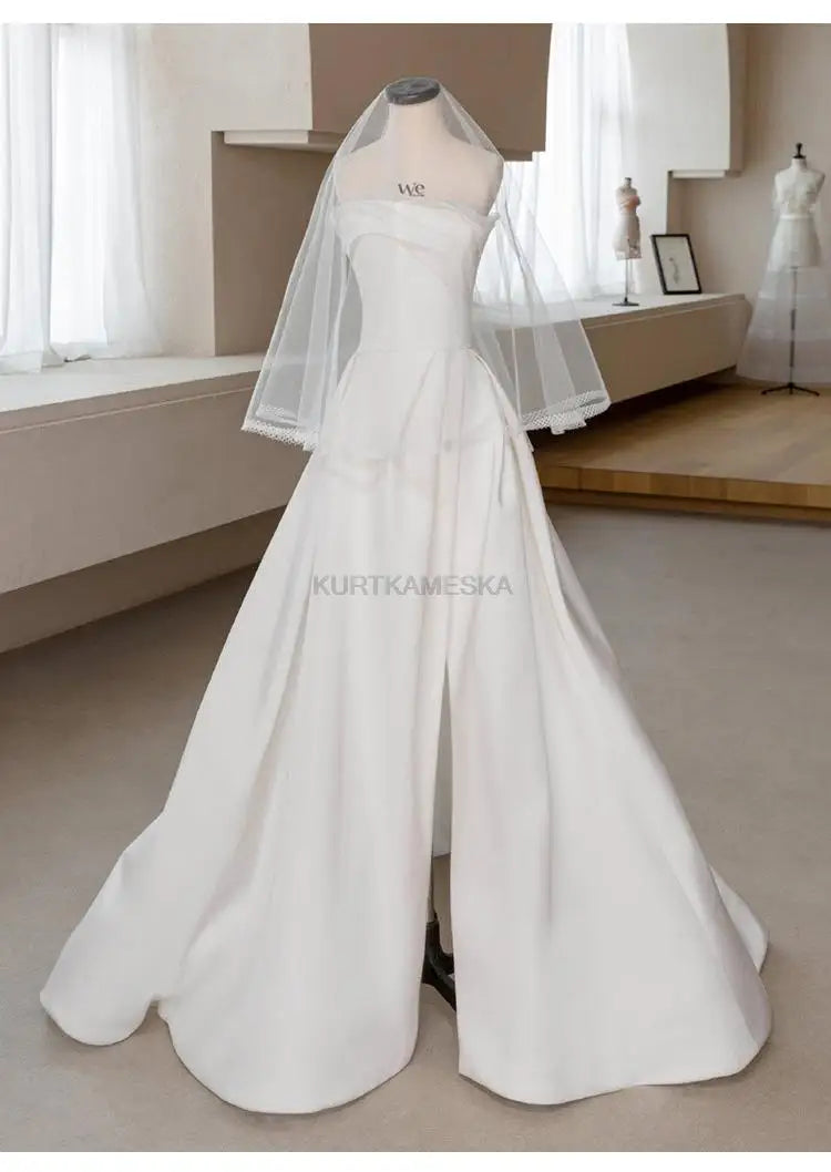 Luxury White Satin Trailing Wedding Dresses Women Elegant Strapless Long Prom Party Bridal Dress