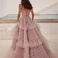 Pink Off Shoulder Tulle Prom Dress Elegant Multi layer A-line Lace Up Back Sleeveless Evening Dress The Clothing Company Sydney