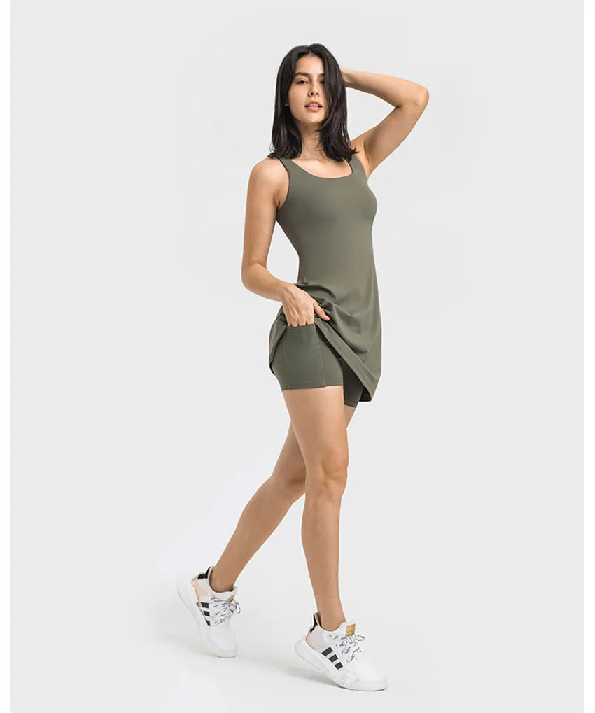 Square Neck Tennis Golf Dress Skirt Sleeveless Exercise Sport Dresses with Built In Shorts Pocket The Clothing Company Sydney