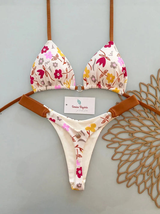 Two-piece lace-up print Brazilian swimsuit by The Clothing Company Sydney, backless micro bikini with thong design, perfect for beachwear.