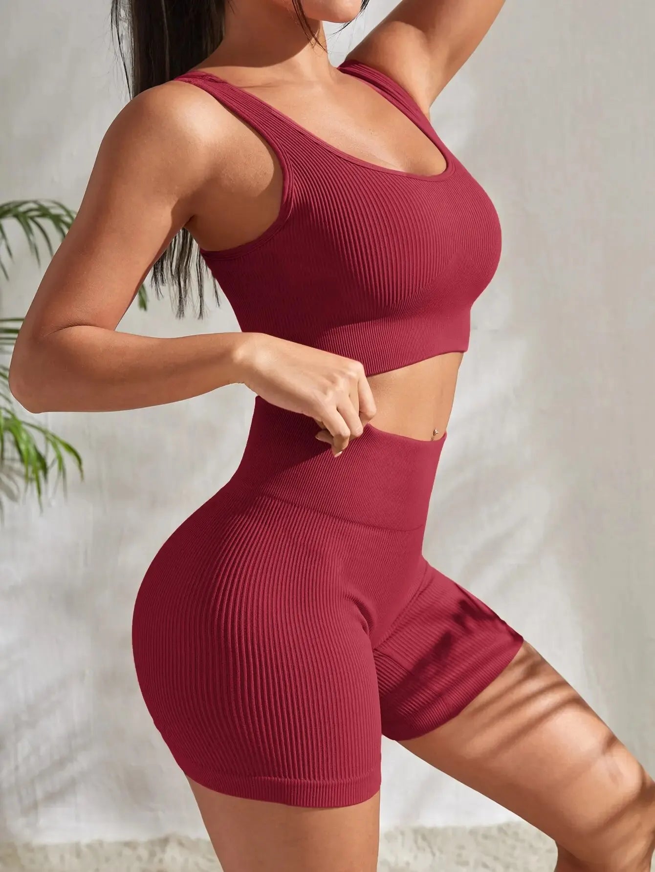 Seamless Ribbed Yoga Sets Workout Sets for Women 2 Piece Gym Suits Ribbed Crop Tank High Waist Shorts Outfits Fitness Running Set