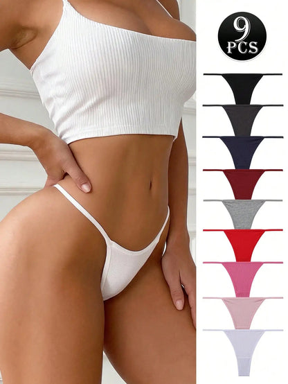 9-pack ribbed low-waist seamless thong panties in assorted colors, soft breathable lingerie briefs