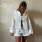 Lace Up Bow Short Sets For Women's Solid V-neck Long Sleeve Blouse Ruffles Shorts Suit Spring Summer Matching Outfit Set