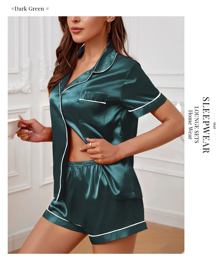 Summer Silk Satin Women Pyjamas Set Button Down Top & Shorts 2 Piece Sleepwear Notched Collar Nightwear Loungewear The Clothing Company Sydney
