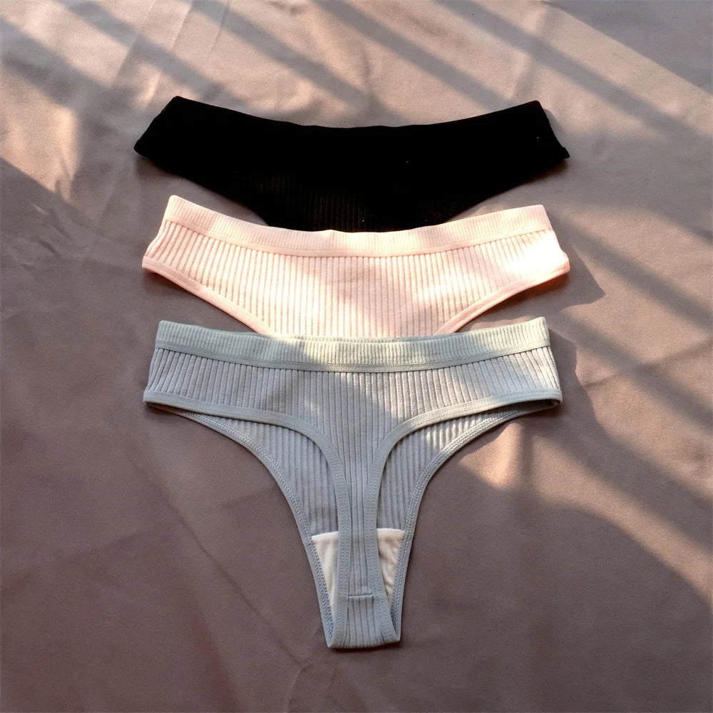 3 Pack Seamless Ribbed Cotton Thong Low Waist Bikini Briefs Sports Underwear Plus Size