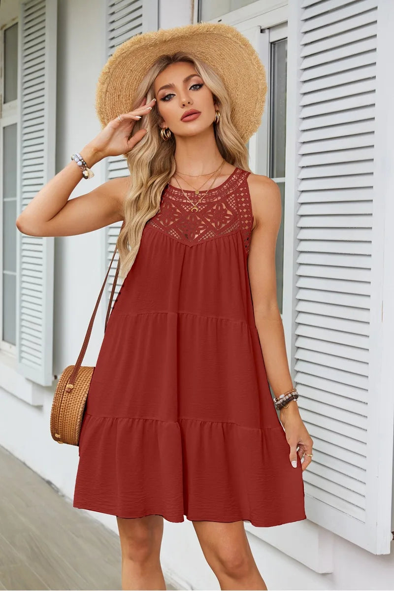 Hollow Lace Patchwork Halter Neck Women A Line Dress Summer Casual Solid Color Loose Beach Holiday Sundress