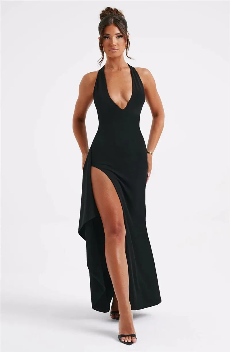 Deep V Neck Thigh High Split Maxi Halter Sleeveless Backless Bodycon Club Party Long Dress The Clothing Company Sydney