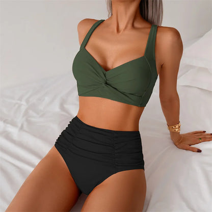 High Waist Women’s Two Piece Swimsuit Bikini Swimwear Beach Surfing Classical Bathing Suit