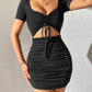 V-neck Hollowed out pleated Wrapped Short Sleeve Party Club Drawstring Dress