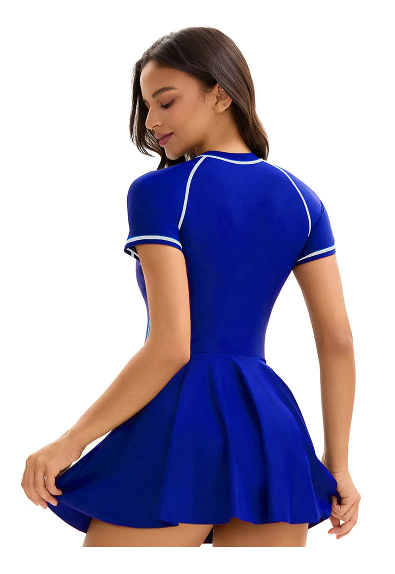 Women's one-piece swimdress with high neck, attached skirt, and sporty design swimsuit