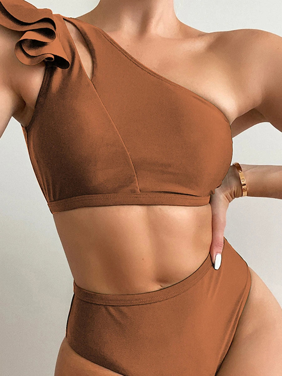 One Shoulder Women Ruffle Swimsuit Solid High Waist Swimwear Padded Bathers Bathing Swimming Suit Beachwear The Clothing Company Sydney