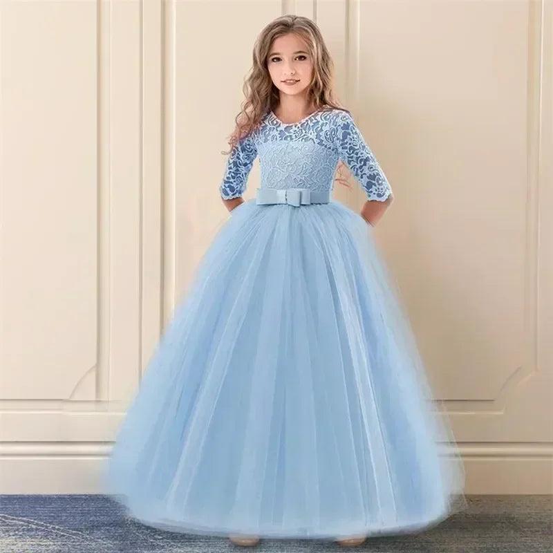 Teens Girls Princess Dress for Party Ball Gown Wedding White Dresses Kids Birthday Bridesmaid Costume Lace Flower Pageant Dress