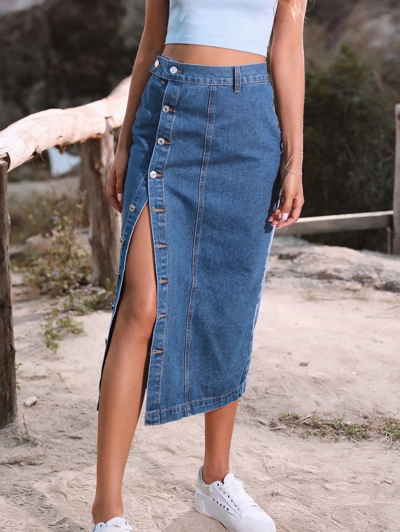 Women's Button A-line Side Split High Waist Denim Skirt Office Lady Black Blue Midi Jean Skirts Autumn Winter Long Skirt The Clothing Company Sydney