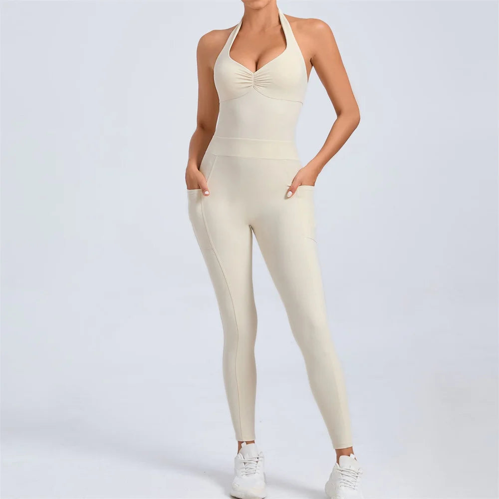 Hollow Backless Sport Short One Piece Jumpsuit Pocket Unitard Yoga Set Gym Women Romper Fitness Scrunch Squat Outfit Set The Clothing Company Sydney