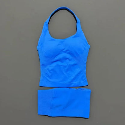 2 Piece Sports Halter Top Strappy Bra Shorts Matching Set Seamless Yoga Gym Running Fitness Shorts Suit