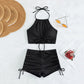 Brown Ribbed Swimwear Shorts Swimsuits Women Halter Bikinis Set String Drawstring Bathing Suit Beachwear