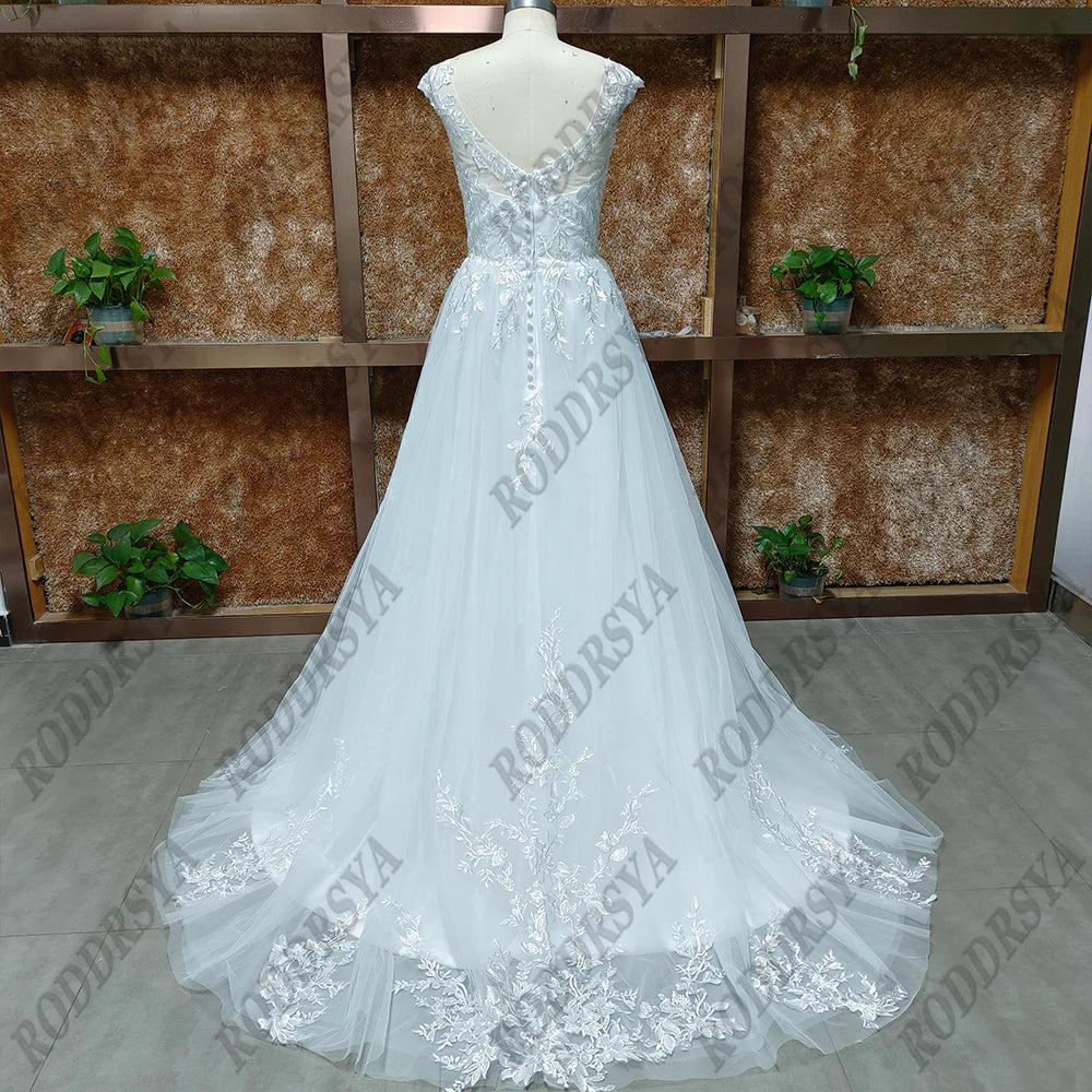 Elegant Wedding Dress For Women V-Neck Cap Sleeve Lace Appliques With Button Sweep Train Custom Made Wedding Dress The Clothing Company Sydney