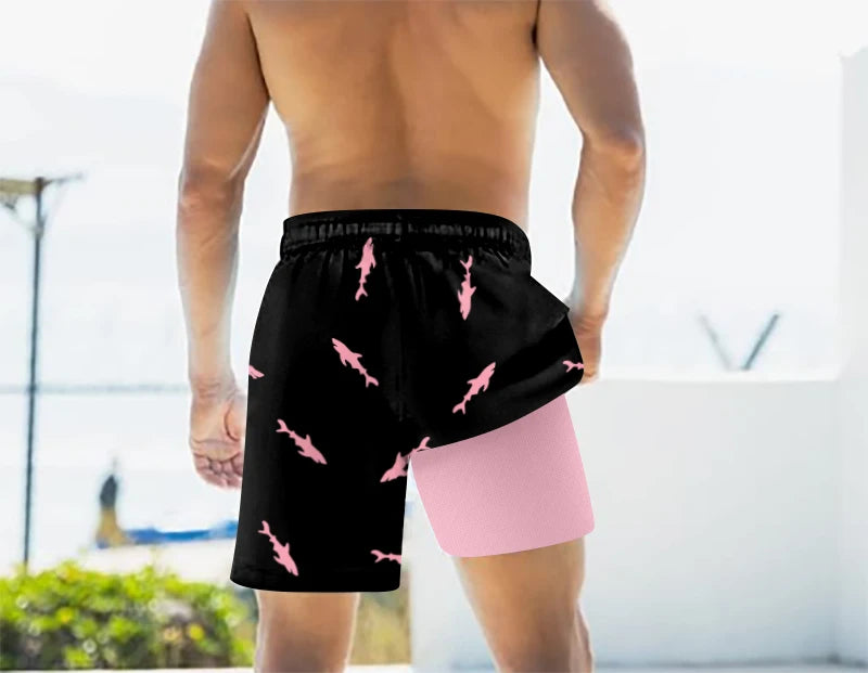 Men's Sharks Print Drawstring Shorts with Pockets Casual Double Layer Summer Beach Swim Trunks Board Shorts