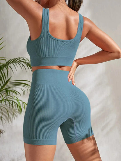 Seamless Ribbed Yoga Sets Workout Sets for Women 2 Pieces Gym Suits Ribbed Crop Tank High Waist Shorts Outfits Fitness Running The Clothing Company Sydney