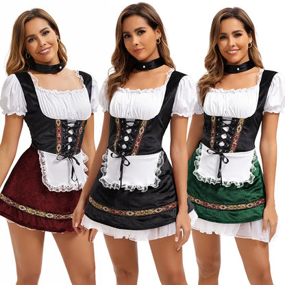 Women's Elegant Ruffled Lace Up Maid Cosplay Costume Oktoberfest Bavarian Dirndl Vintage Festival Dress