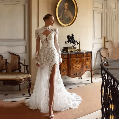 Ivory mermaid wedding dress with long sleeves, lace appliques, high neck, pleated bodice, side slit and sweep train