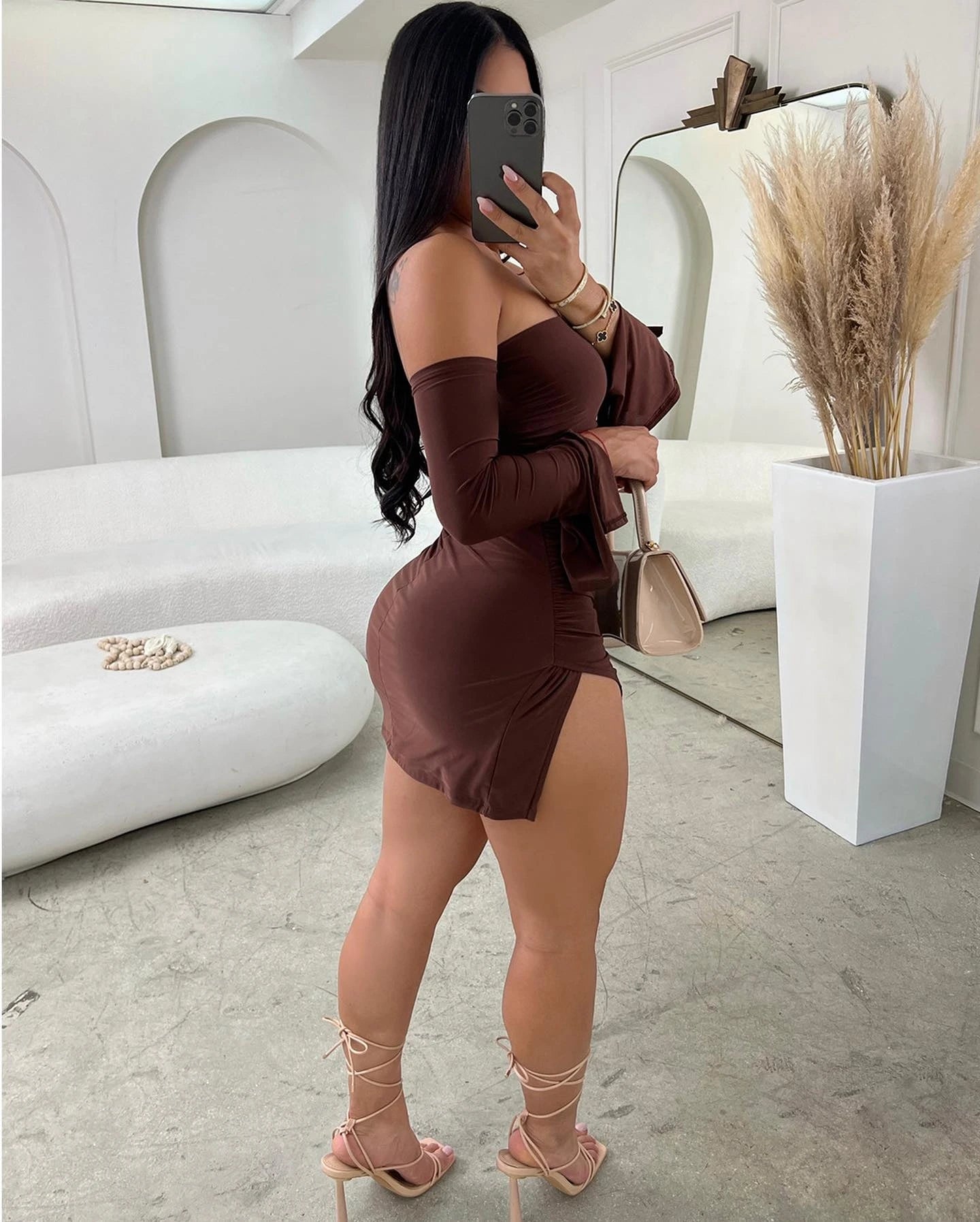 Womens Strapless Backless Mini Dress Black Off-shoulder Long Sleeve Bodycon Club Party Dress The Clothing Company Sydney