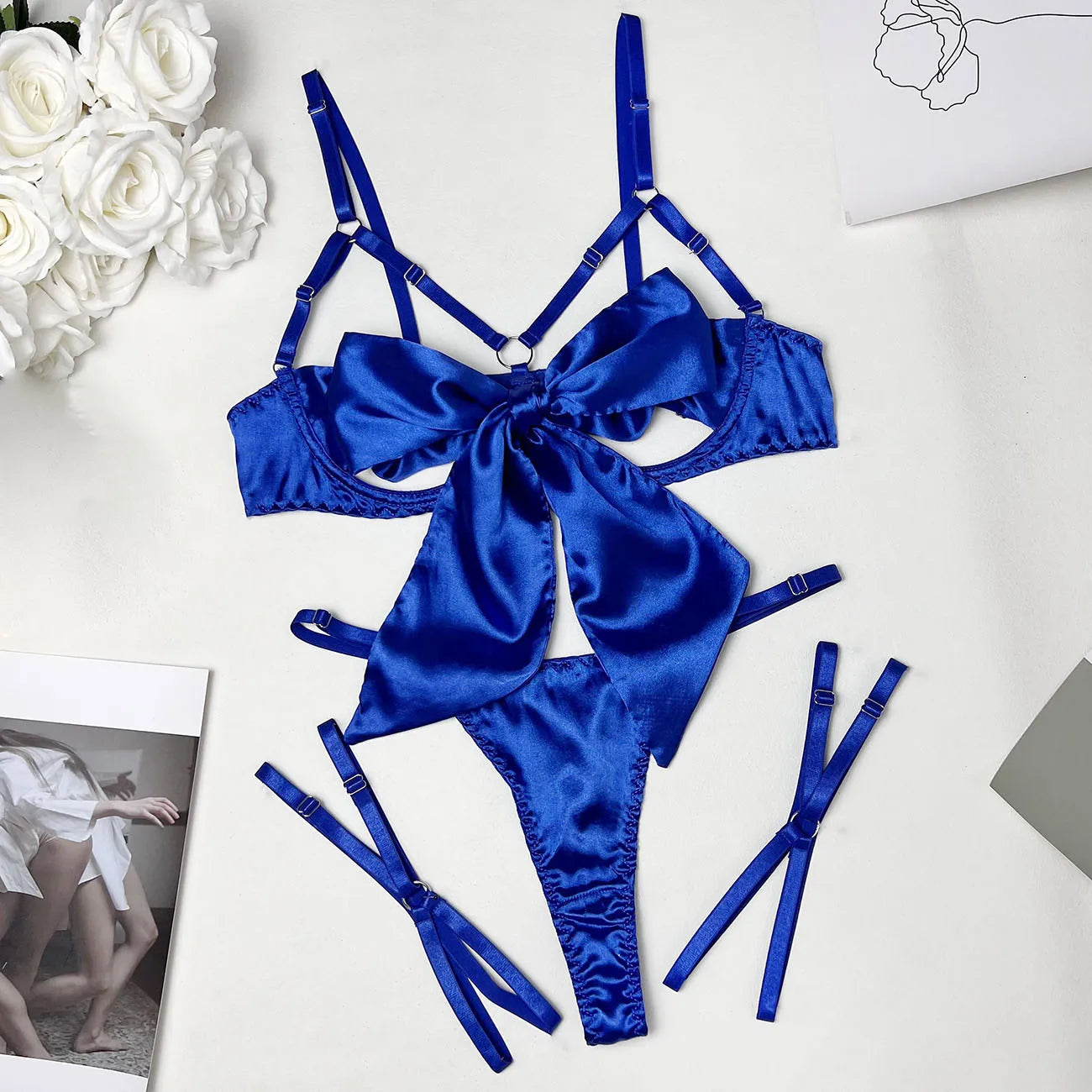 Bowknot Lingerie Open Bra Lace Up Underwear 3-Piece Satin Outfit Set The Clothing Company Sydney