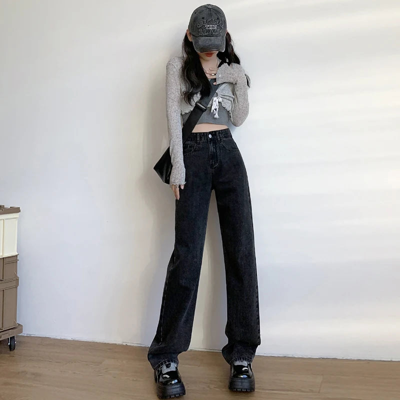 High Waisted Jeans Y2K Fashion Women Clothing Blue Black Straight Leg Denim Pants Trousers Mom Jean Baggy Trousers