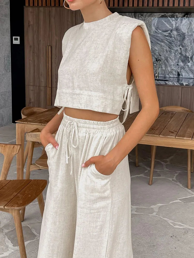 Spring Summer Holiday Linen Pant Set Crop Tops Solid Outfits 2 Two Piece Matching Outfit Set For Women The Clothing Company Sydney