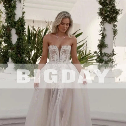 Elegant A-Line Wedding Dress Women  Lace Sweetheart Tulle Open Back Slit Strapless Bridal Gown Sweep Customized Dress The Clothing Company Sydney
