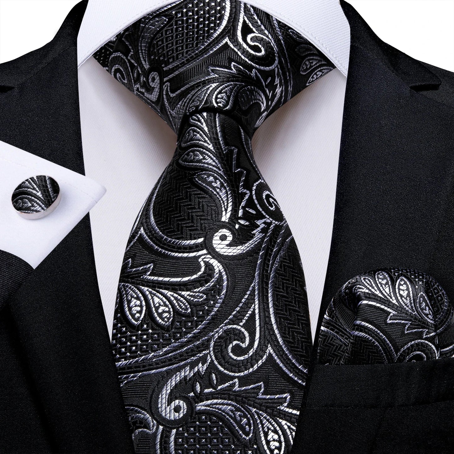 Gray Paisley Silk Tie Set – Men’s Wedding Tie, Pocket Square & Cufflinks The Clothing Company Sydney